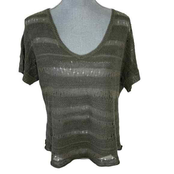 Eileen Fisher Sweaters - Eileen Fisher Open Knit Sweater Size Medium Green Linen Short Sleeve‎ V-neck